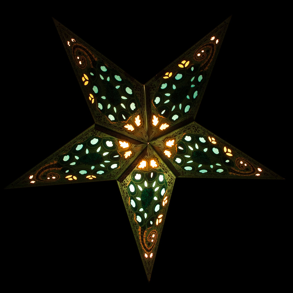 3-PACK + Cord | Green Tulip Cut 24&quot; Illuminated Paper Star Lanterns and Lamp Cord Hanging Decorations - PaperLanternStore.com - Paper Lanterns, Decor, Party Lights &amp; More