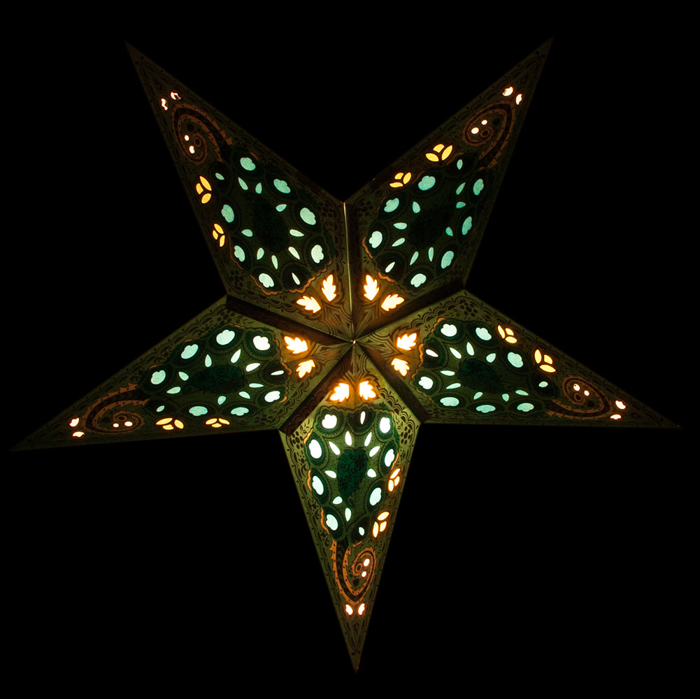 3-PACK + Cord | Green Tulip Cut 24" Illuminated Paper Star Lanterns and Lamp Cord Hanging Decorations - PaperLanternStore.com - Paper Lanterns, Decor, Party Lights & More