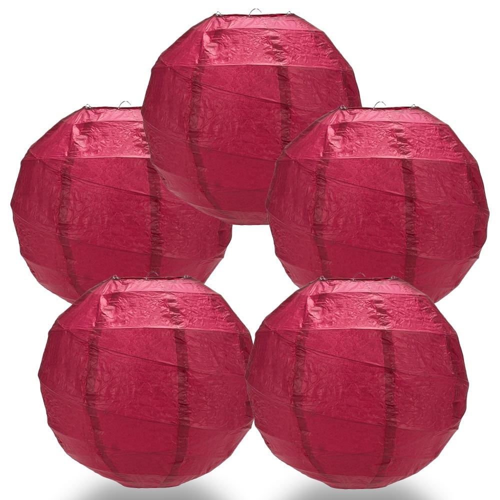 BULK PACK (5) 8&quot; Velvet Red Round Paper Lantern, Crisscross Ribbing, Chinese Hanging Wedding &amp; Party Decoration - PaperLanternStore.com - Paper Lanterns, Decor, Party Lights &amp; More