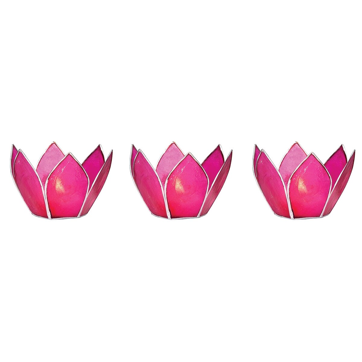 Fuchsia Pink &amp; Silver Hani Small Capiz Lotus Candle Holder Set of 3 - PaperLanternStore.com - Paper Lanterns, Decor, Party Lights &amp; More