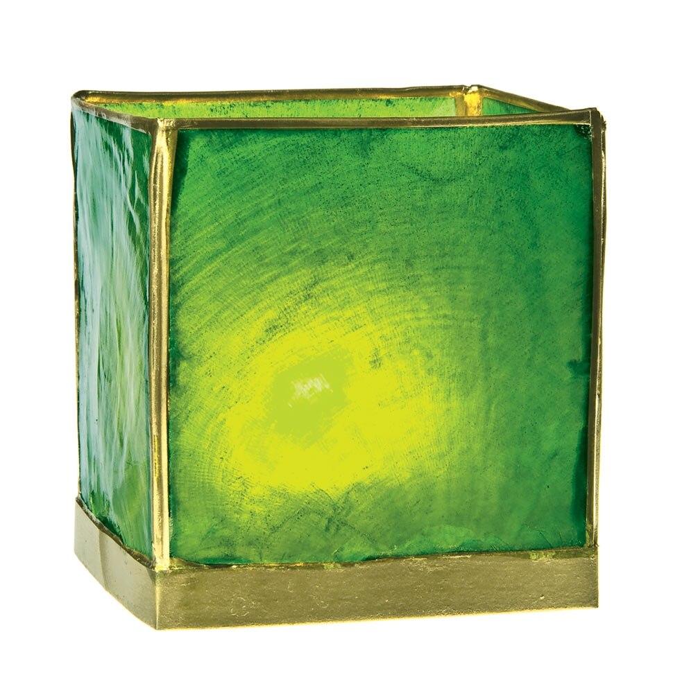 Grass Green &amp; Gold Luana Capiz Square Candle Holder - PaperLanternStore.com - Paper Lanterns, Decor, Party Lights &amp; More