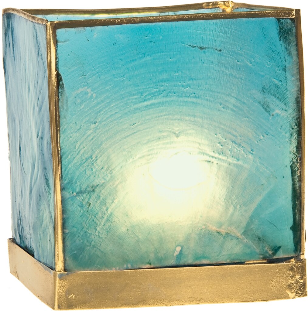 Turquoise Blue &amp; Gold Luana Capiz Square Candle Holder - PaperLanternStore.com - Paper Lanterns, Decor, Party Lights &amp; More