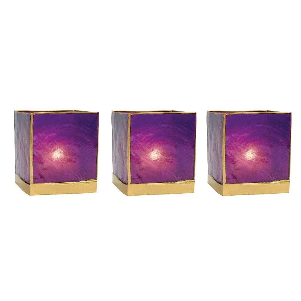 Plum Purple &amp; Gold Luana Capiz Square Candle Holder Set of 3 - PaperLanternStore.com - Paper Lanterns, Decor, Party Lights &amp; More