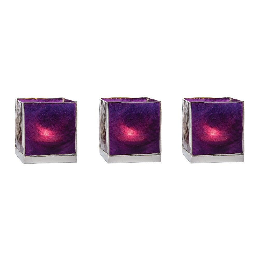 Plum Purple &amp; Silver Luana Capiz Square Candle Holder Set of 3 - PaperLanternStore.com - Paper Lanterns, Decor, Party Lights &amp; More