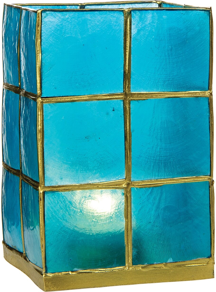 Turquoise Blue &amp; Gold Moku Tall Capiz Candle Holder - PaperLanternStore.com - Paper Lanterns, Decor, Party Lights &amp; More