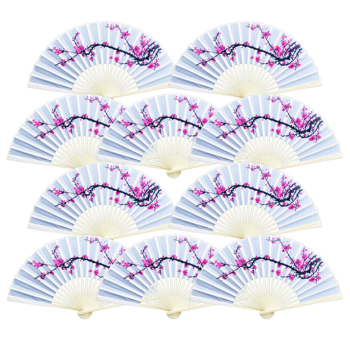 9&quot; Cherry Blossom / Sakura Silk Hand Fans for Weddings (10 Pack)