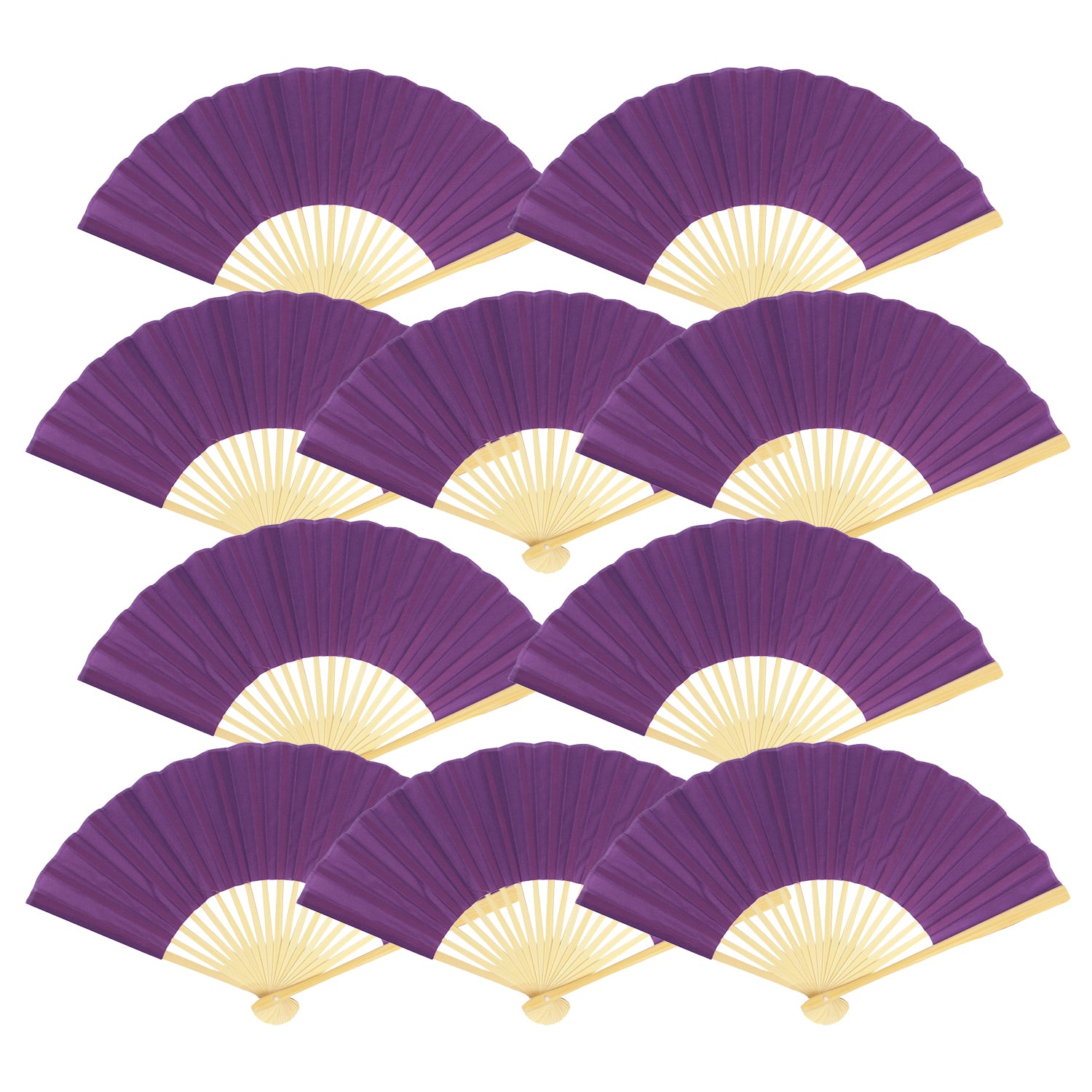 9" Dark Purple Silk Hand Fans for Weddings (10 Pack)