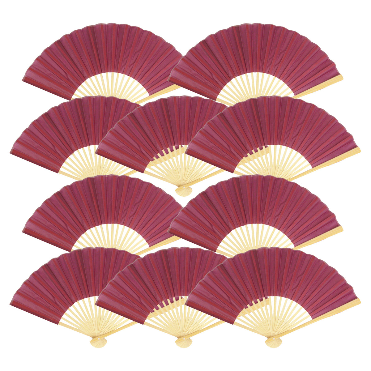 9&quot; Marsala / Burgundy Wine Silk Hand Fans for Weddings (10 Pack)