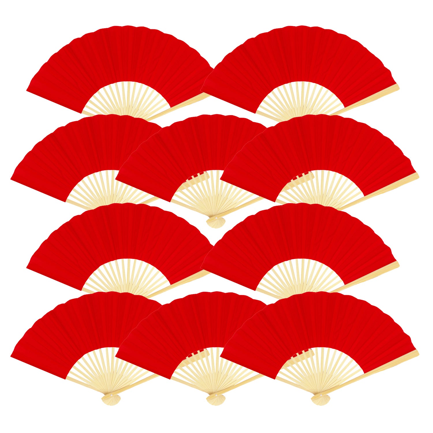 9" Red Silk Hand Fans for Weddings (10 Pack)