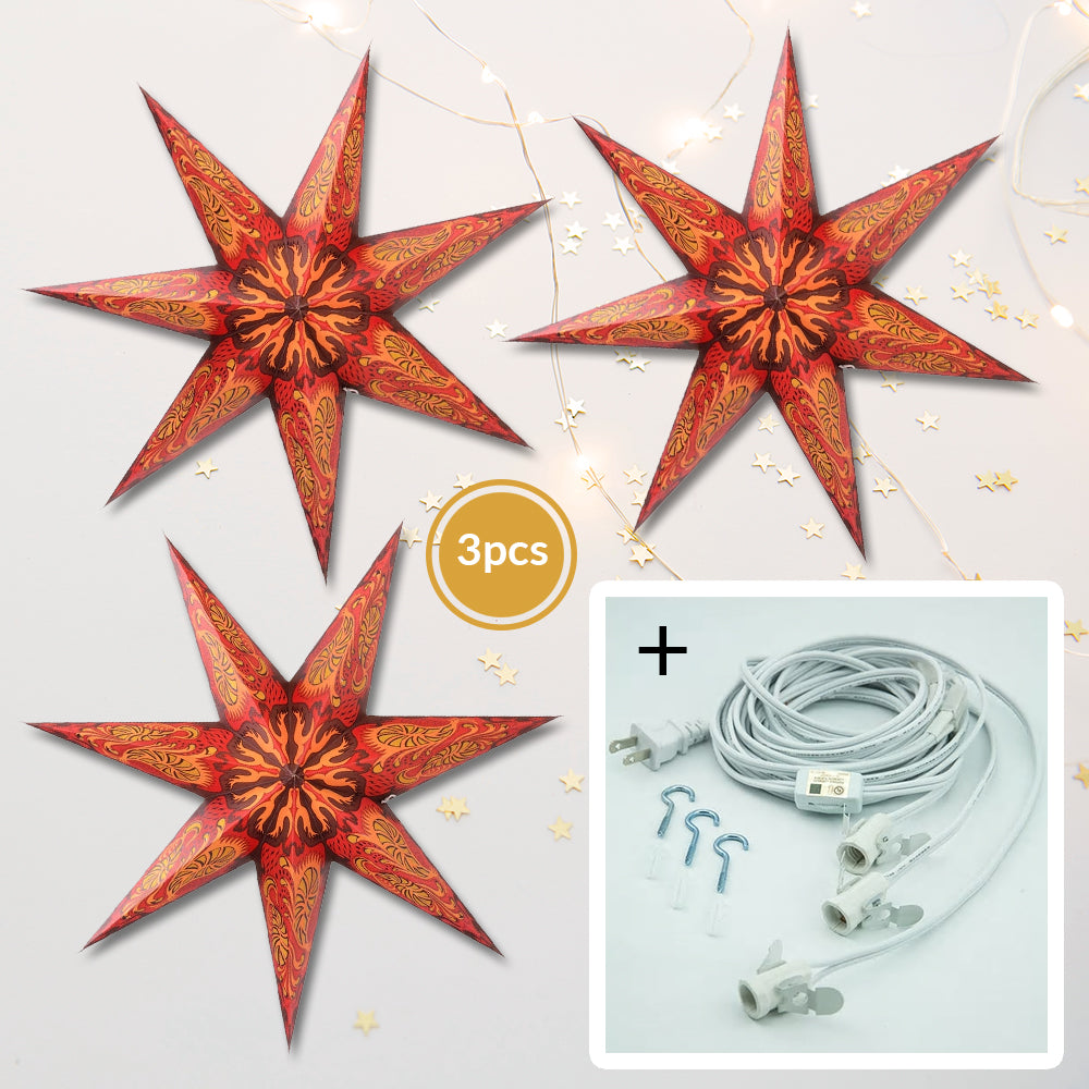 3-PACK + Cord | 7 Point Crimson Fantasy 24&quot; Illuminated Paper Star Lanterns and Lamp Cord Hanging Decorations - PaperLanternStore.com - Paper Lanterns, Decor, Party Lights &amp; More