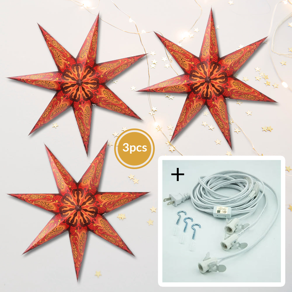 3-PACK + Cord | 7 Point Crimson Fantasy 24" Illuminated Paper Star Lanterns and Lamp Cord Hanging Decorations - PaperLanternStore.com - Paper Lanterns, Decor, Party Lights & More