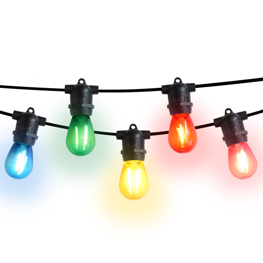 Fantado 10 Socket Multi Color Outdoor Commercial String Light Set 21 ft Black Cord w 2 Watt Shatterproof LED Bulbs Weatherproof SJTW Blue