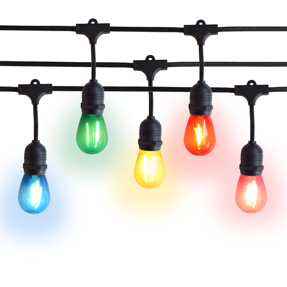 Fantado 10 Suspended Multi Color Outdoor Commercial String Light Set 21 ft Black Cord w 2 Watt Shatterproof LED Bulbs Weatherproof SJTW Yellow
