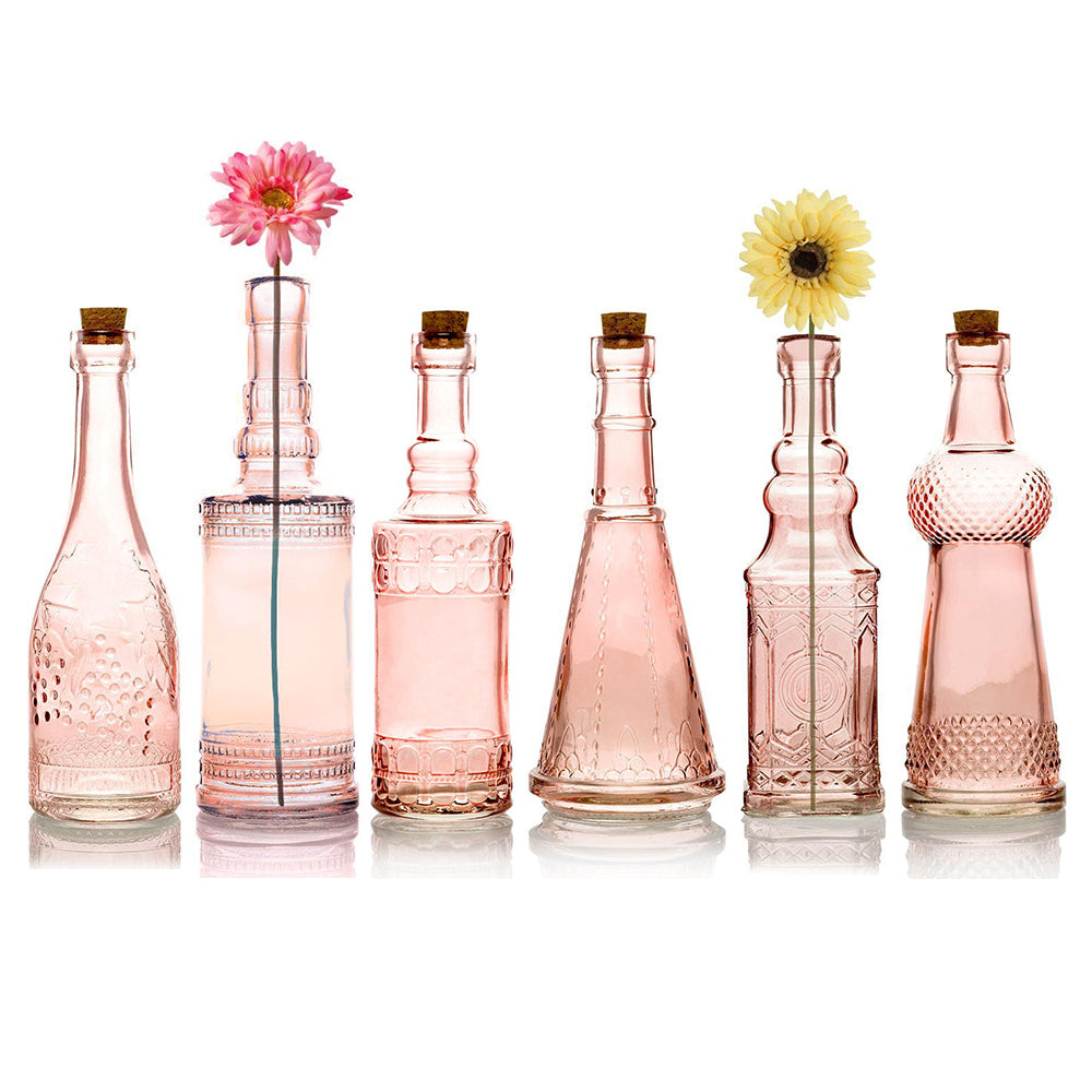 Best of Show Pink Vintage Glass Bottles Set - (6 Pack, Assorted Designs)