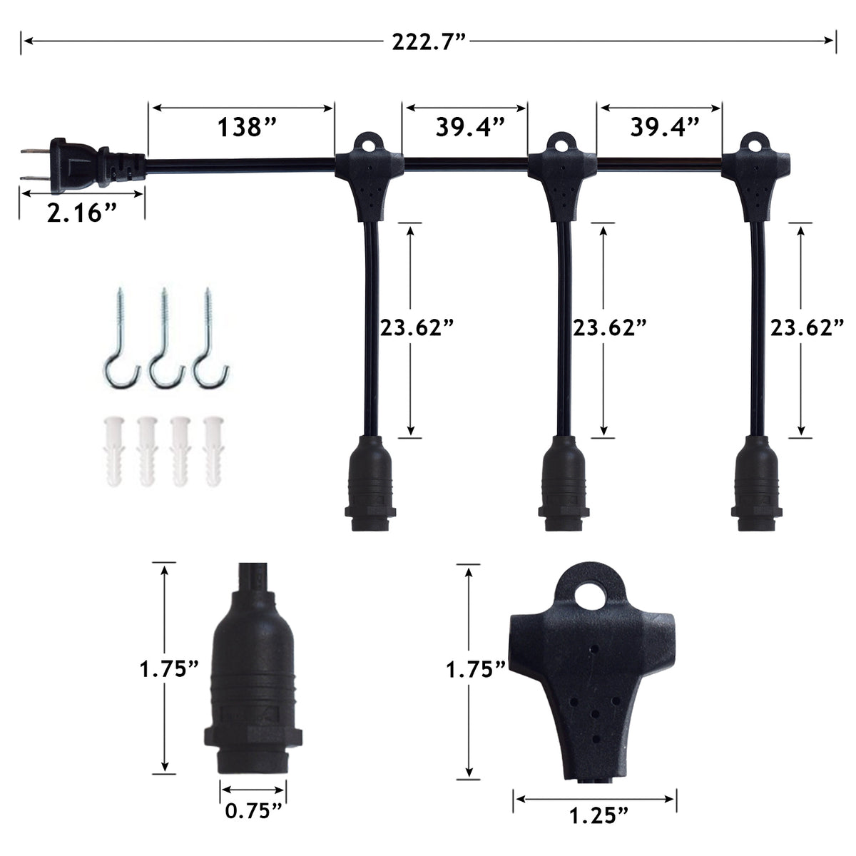 Triple Socket Black Weatherproof Outdoor Pendant Light Lamp Cord for Star Lanterns, E12, 19 Ft - Electrical Swag Light Kit