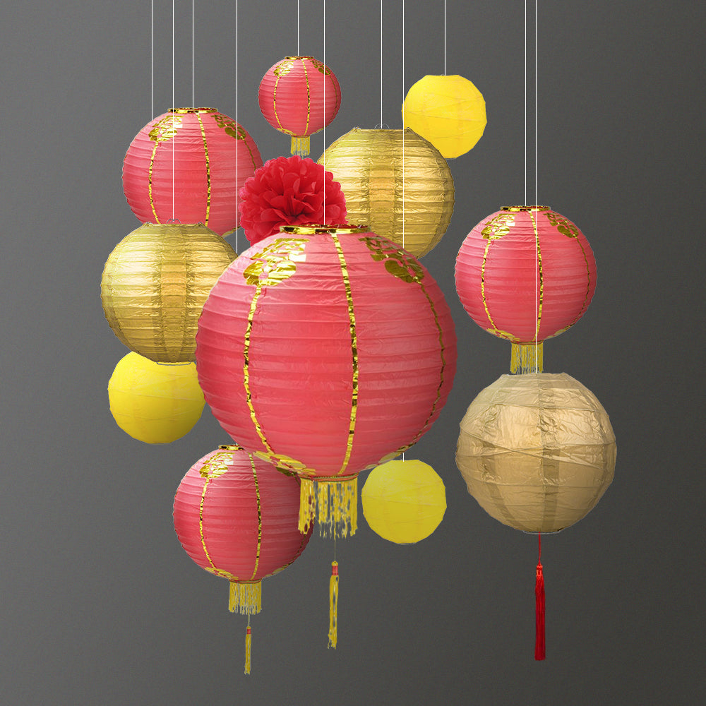13-pc Golden Chinese New Year Paper Lantern Party Pack Combo Set
