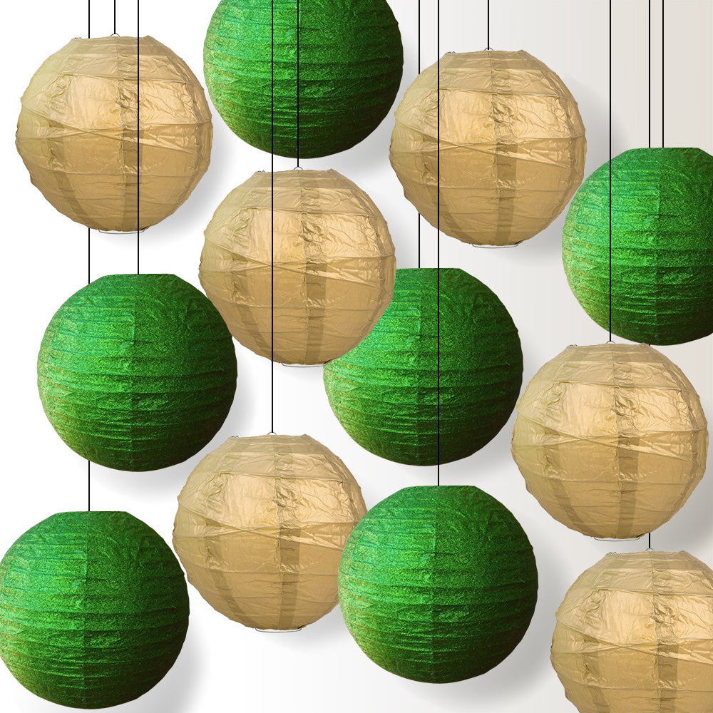 Gold and Green Glitter Holiday Party Pack Even Ribbing Paper Lantern Combo Set (12 pc Set)