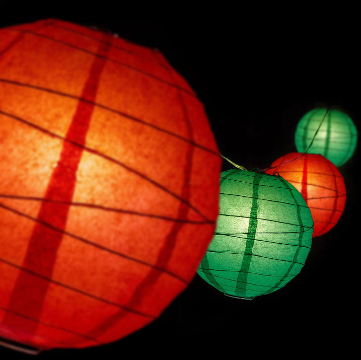 10" Christmas Holiday Red and Green Paper Lantern String Light COMBO Kit (21 FT, EXPANDABLE, White Cord)