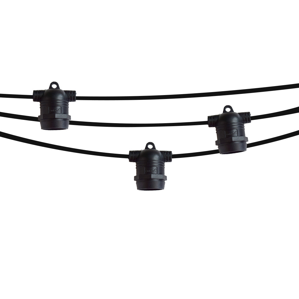 (Cord Only) 24 Socket SJTW Outdoor Commercial DIY String Light 54 FT Black Cord w/ E26 Medium Base, Weatherproof (Estimated Arrival: 6/14/21)