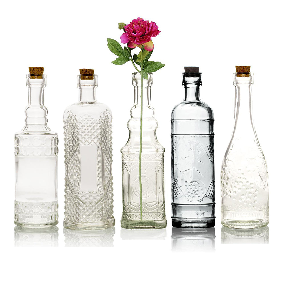 Bohemian Chic Clear Vintage Glass Bottles Set - (5 Pack, Assorted Designs)
