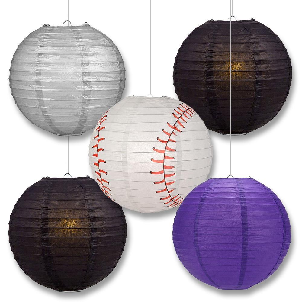 Colorado Pro Baseball 14-inch Paper Lanterns 5pc Combo Party Pack - Purple, Black &amp; Silver - PaperLanternStore.com - Paper Lanterns, Decor, Party Lights &amp; More
