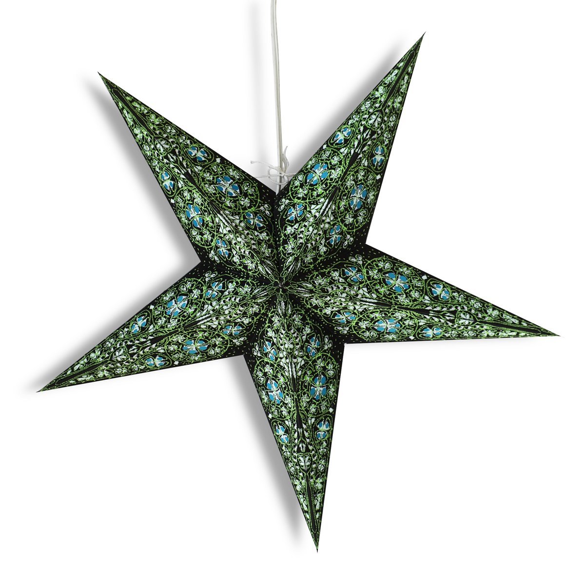 3-PACK + Cord | 24&quot; Green / Black Garden Paper Star Lantern and Lamp Cord Hanging Decoration - PaperLanternStore.com - Paper Lanterns, Decor, Party Lights &amp; More