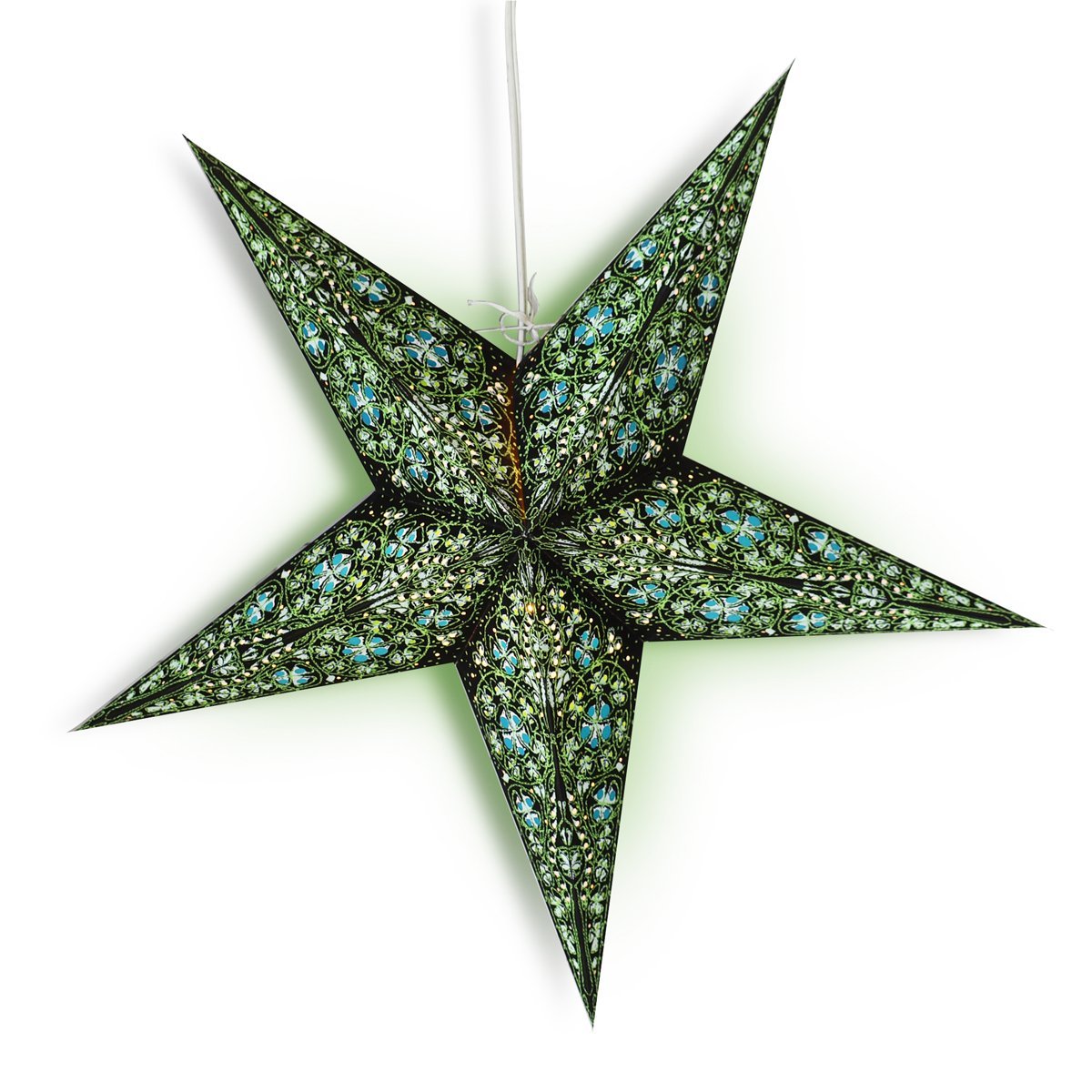 3-PACK + Cord | 24&quot; Green / Black Garden Paper Star Lantern and Lamp Cord Hanging Decoration - PaperLanternStore.com - Paper Lanterns, Decor, Party Lights &amp; More