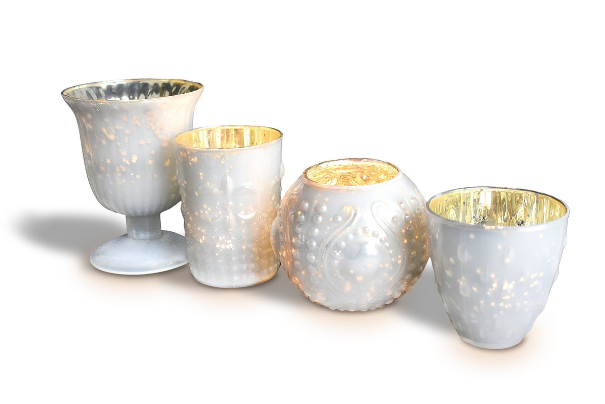 Vintage Glam Mercury Glass Tealight Votive Candle Holders (Pearl White, Set of 4, Assorted Designs and Sizes) - for Weddings, Events and Home Décor - PaperLanternStore.com - Paper Lanterns, Decor, Party Lights &amp; More