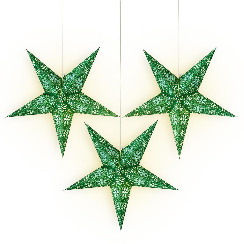 3-PACK + Cord | 24&quot; Green Winds Paper Star Lantern and Lamp Cord Hanging Decoration - PaperLanternStore.com - Paper Lanterns, Decor, Party Lights &amp; More