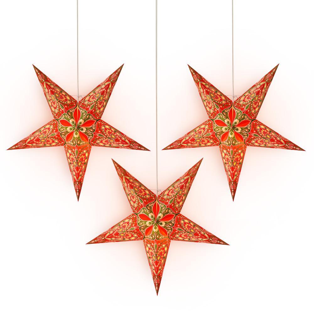 3-PACK + Cord | 24&quot; Red Heart Paper Star Lantern and Lamp Cord Hanging Decoration - PaperLanternStore.com - Paper Lanterns, Decor, Party Lights &amp; More