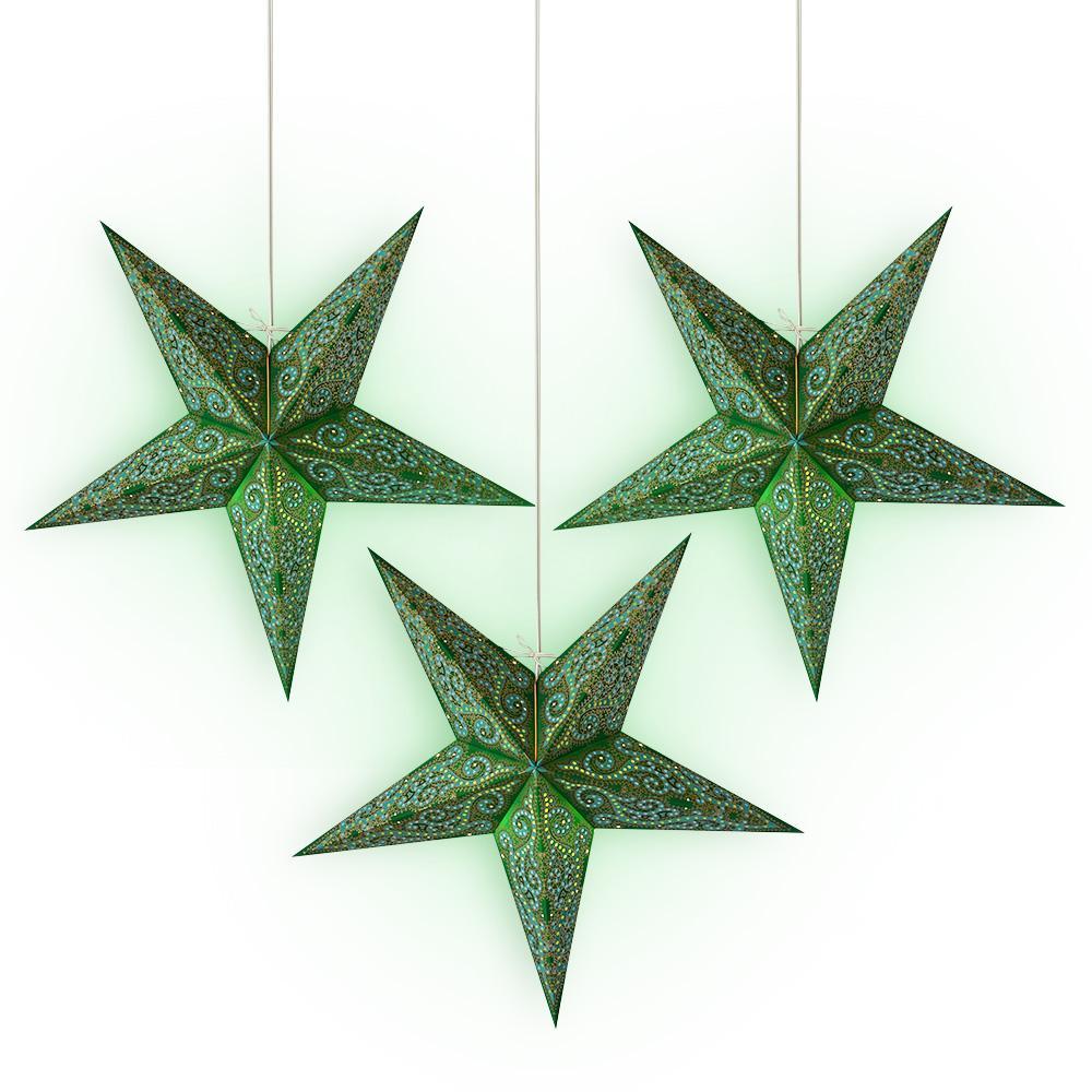 3-PACK + Cord | 24" Green Vines Glitter Paper Star Lantern and Lamp Cord Hanging Decoration - PaperLanternStore.com - Paper Lanterns, Decor, Party Lights & More