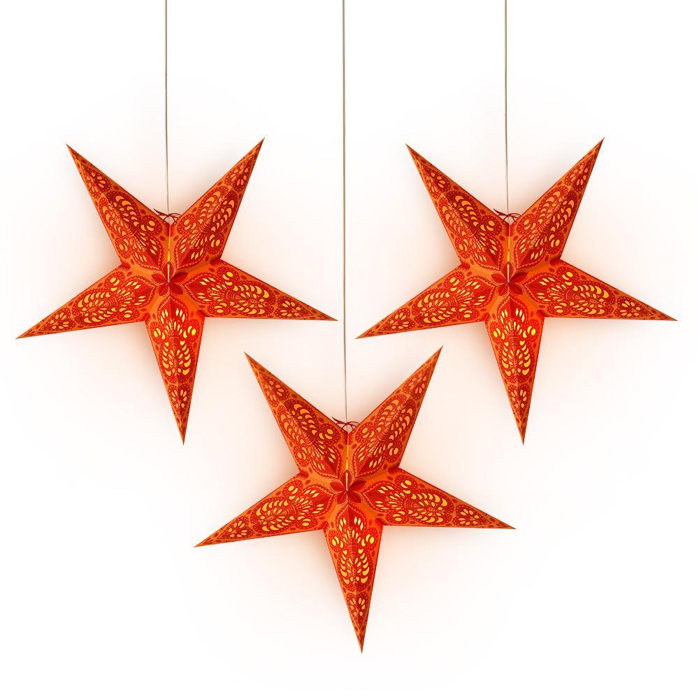 3-PACK + Cord | 24" Orange Peacock Paper Star Lantern and Lamp Cord Hanging Decoration - PaperLanternStore.com - Paper Lanterns, Decor, Party Lights & More