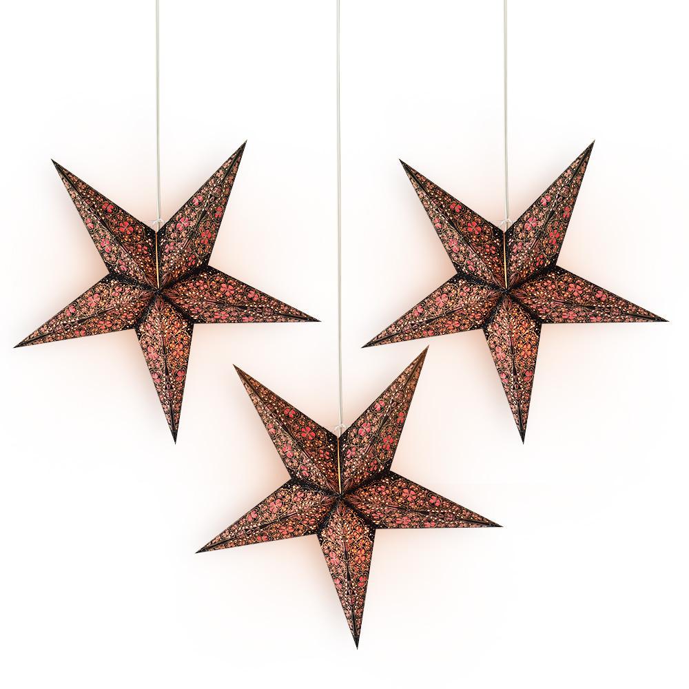 3-PACK + Cord | 24" Black / Gold Garden Paper Star Lantern and Lamp Cord Hanging Decoration - PaperLanternStore.com - Paper Lanterns, Decor, Party Lights & More