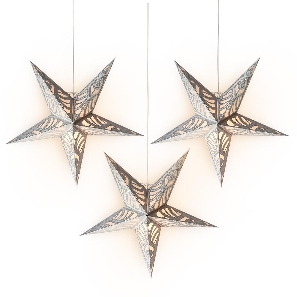 3-PACK + Cord | 24&quot; Silver Parrot Glitter Paper Star Lantern and Lamp Cord Hanging Decoration - PaperLanternStore.com - Paper Lanterns, Decor, Party Lights &amp; More