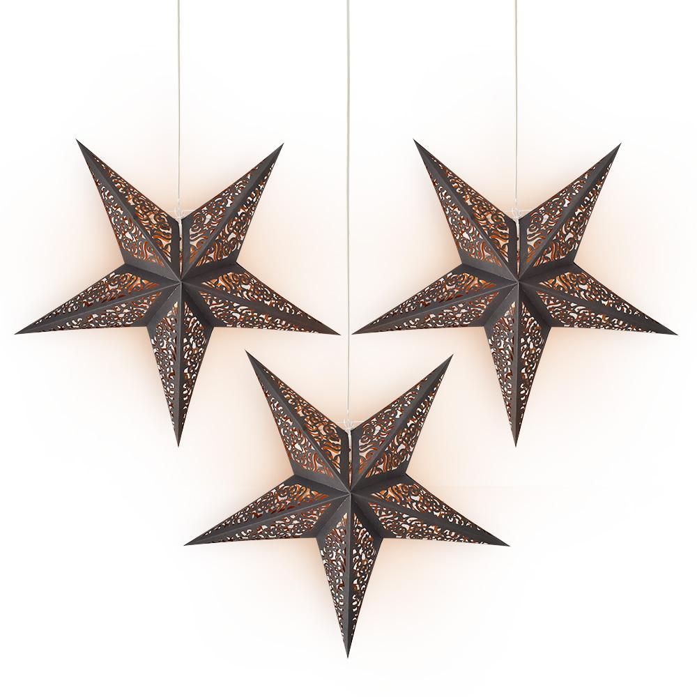 3-PACK + Cord | 24&quot; Black / Gold Moroccan Glitter Paper Star Lantern and Lamp Cord Hanging Decoration - PaperLanternStore.com - Paper Lanterns, Decor, Party Lights &amp; More