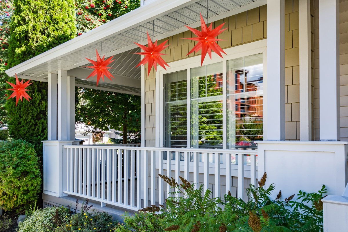 LANTERN + CORD + BULB | 20&quot; Red Moravian Weatherproof Star Lantern Lamp, Multi-Point Hanging Decoration - PaperLanternStore.com - Paper Lanterns, Decor, Party Lights &amp; More