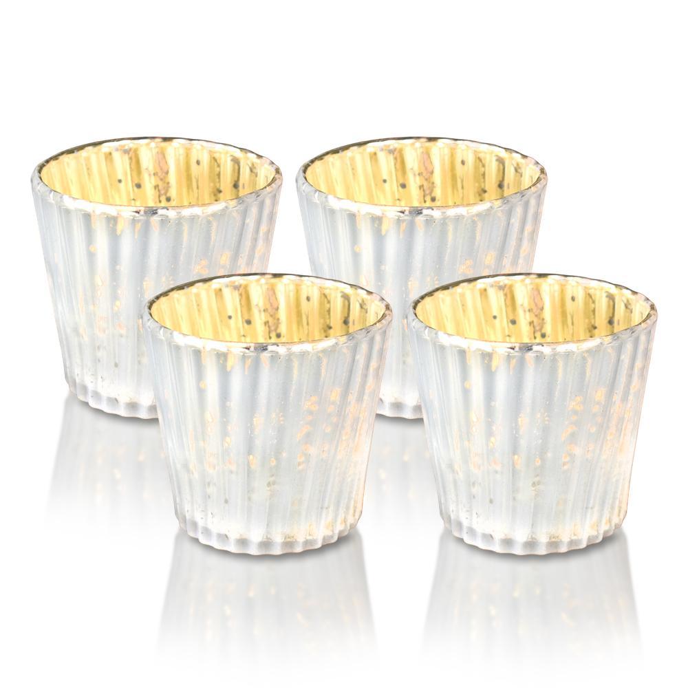 4 Pack | Vintage Mercury Glass Candle Holders (3-Inch, Caroline Design, Vertical Motif, Pearl White) - For use with Tea Lights - Home Decor, Parties and Wedding Decorations - PaperLanternStore.com - Paper Lanterns, Decor, Party Lights &amp; More