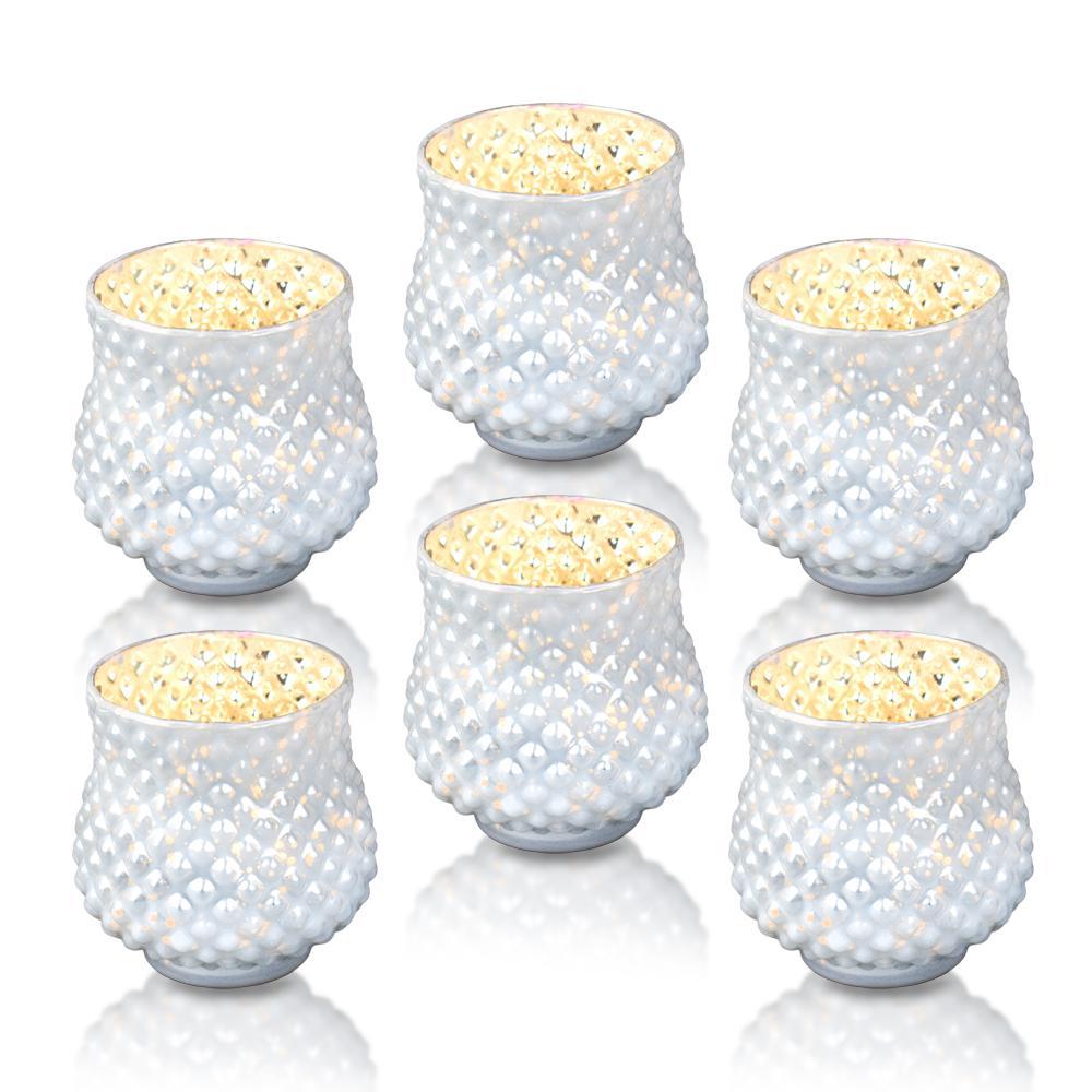 6 Pack | Vintage Mercury Glass Vase and Candle Holders (3-Inch, Small Ruby, Pearl White)  - For Use with Tea Lights - For Home Decor, Parties and Wedding Decorations