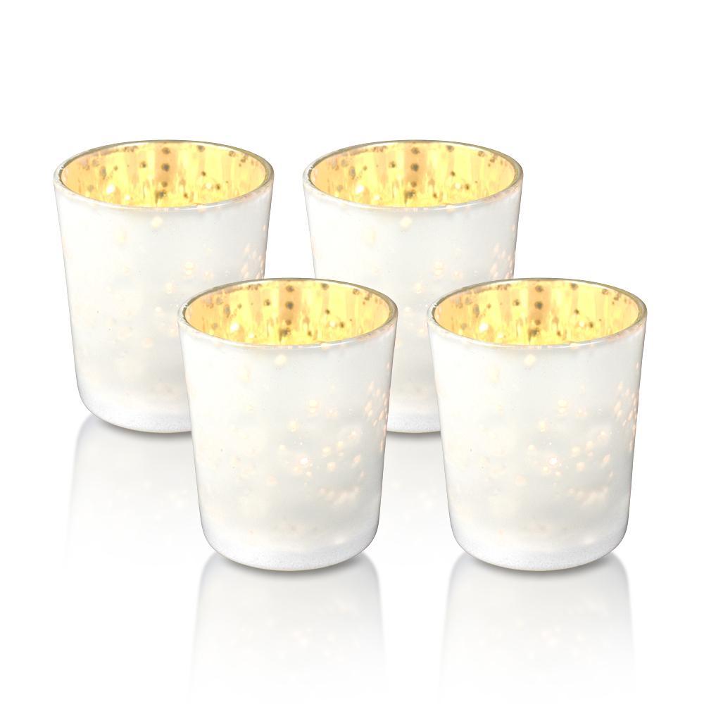 4 Pack | Vintage Mercury Glass Candle Holders (3-Inch, Tess Design, Pearl White) - for use with Tea Lights - for Home Décor, Parties and Wedding Decorations - PaperLanternStore.com - Paper Lanterns, Decor, Party Lights & More
