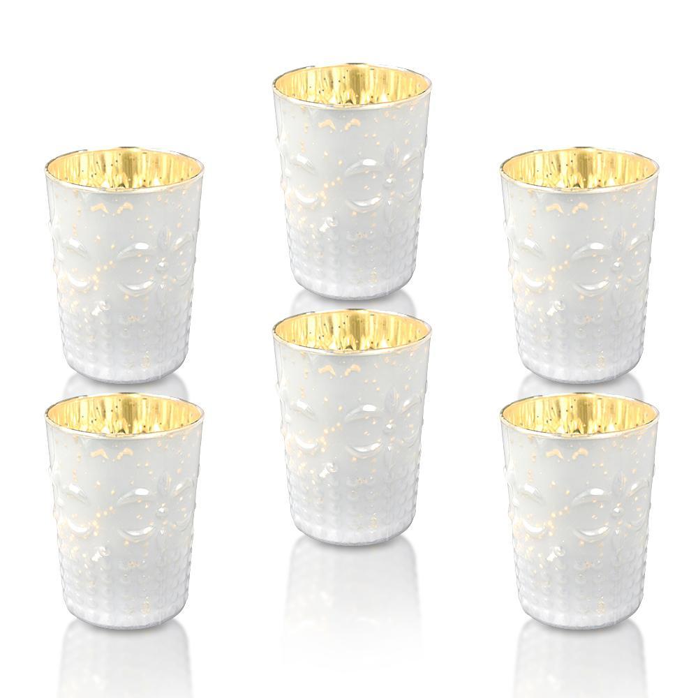 6 Pack | Fleur Mercury Glass Tealight Holder - Pearl White For Tea Lights - For Home Decor, Parties, Wedding Decorations - Mercury Glass Votive Holders - PaperLanternStore.com - Paper Lanterns, Decor, Party Lights &amp; More