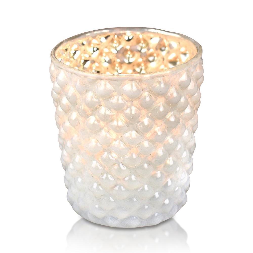 6 Pack | Vintage Mercury Glass Tealight Holders (2.5-Inch, Zariah Design, Pearl White) - For Use with Tea Lights - For Home Decor, Parties and Wedding Decorations - PaperLanternStore.com - Paper Lanterns, Decor, Party Lights &amp; More