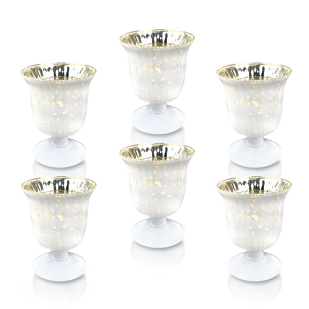 6 Pack | Vintage Mercury Glass Candle Holders (5-Inch, Emma Design, Fluted Urn, Pearl White) - Decorative Candle Holder - For Home Decor, Party Decorations, and Wedding Centerpieces