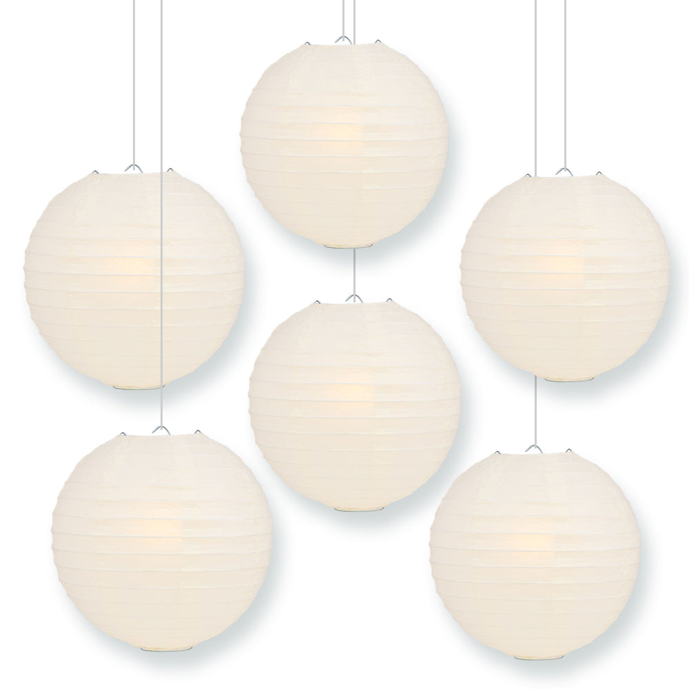 BULK PACK (6) 16" Beige / Ivory Round Paper Lanterns, Even Ribbing, Hanging Decoration