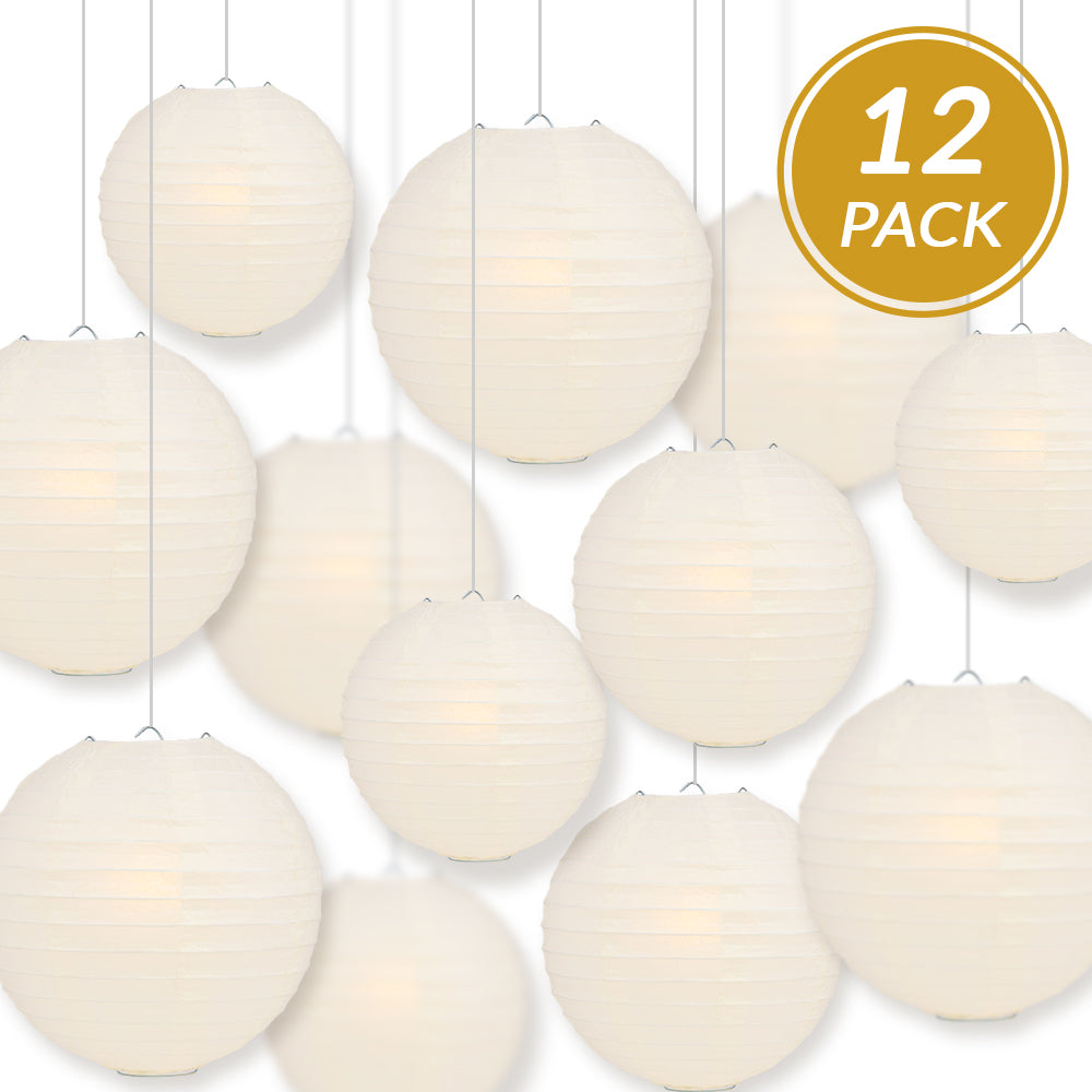 12-PC Beige / Ivory Paper Lantern Chinese Hanging Wedding & Party Assorted Decoration Set, 12/10/8-Inch
