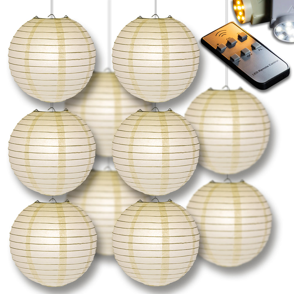 MoonBright Beige Paper Lantern 10pc Party Pack with Remote Controlled LED Lights Included