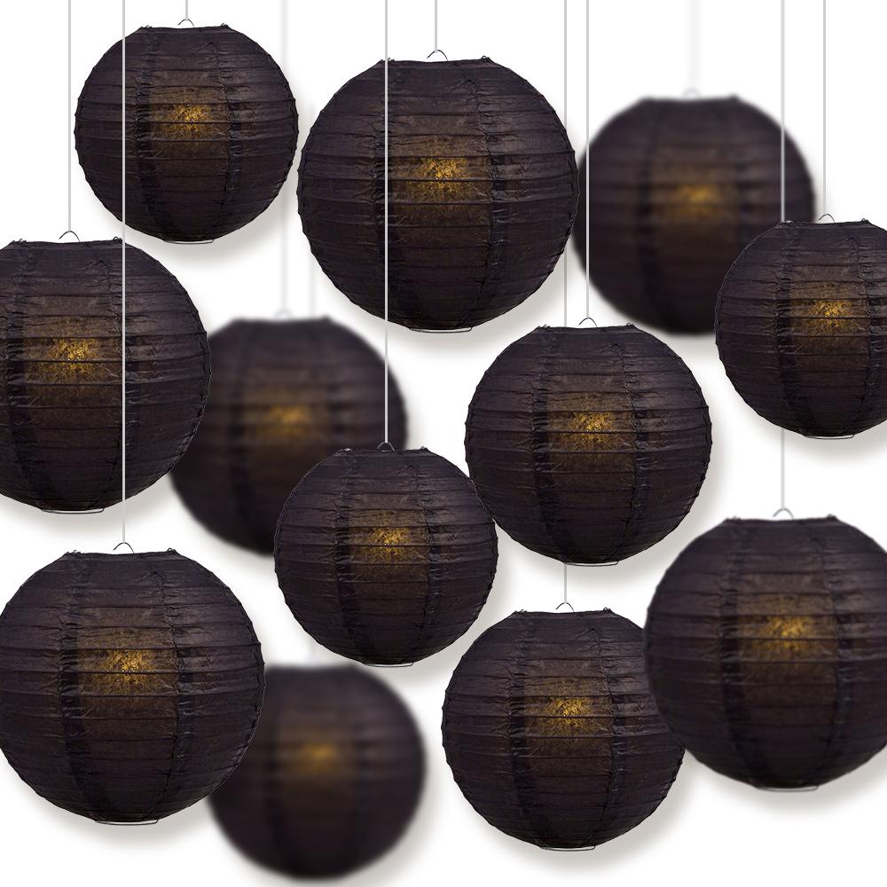 12-PC Black Paper Lantern Chinese Hanging Wedding & Party Assorted Decoration Set, 12/10/8-Inch - PaperLanternStore.com - Paper Lanterns, Decor, Party Lights & More
