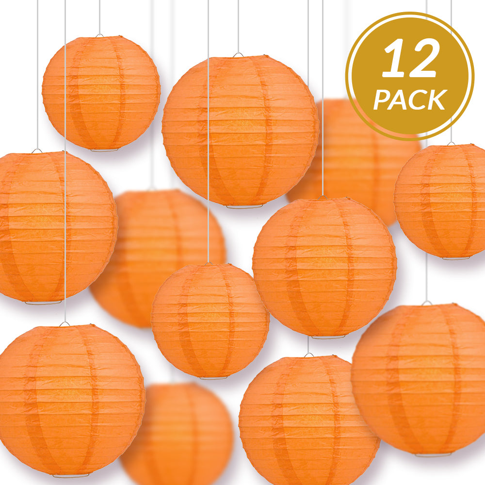 12-PC Persimmon Orange Paper Lantern Chinese Hanging Wedding & Party Assorted Decoration Set, 12/10/8-Inch