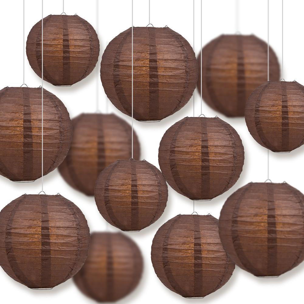 12-PC Brown Paper Lantern Chinese Hanging Wedding & Party Assorted Decoration Set, 12/10/8-Inch - PaperLanternStore.com - Paper Lanterns, Decor, Party Lights & More