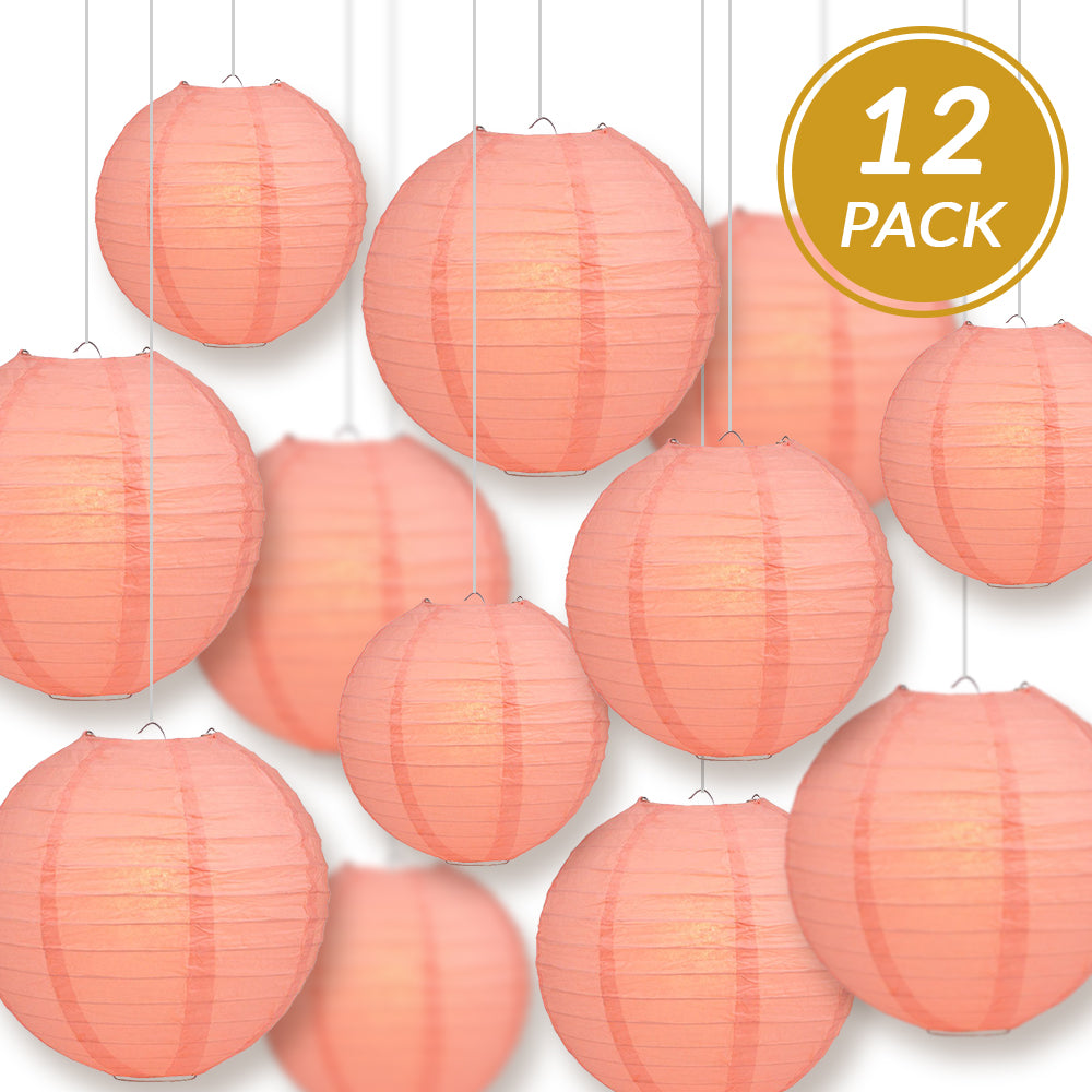 12-PC Roseate / Pink Coral Paper Lantern Chinese Hanging Wedding &amp; Party Assorted Decoration Set, 12/10/8-Inch - PaperLanternStore.com - Paper Lanterns, Decor, Party Lights &amp; More