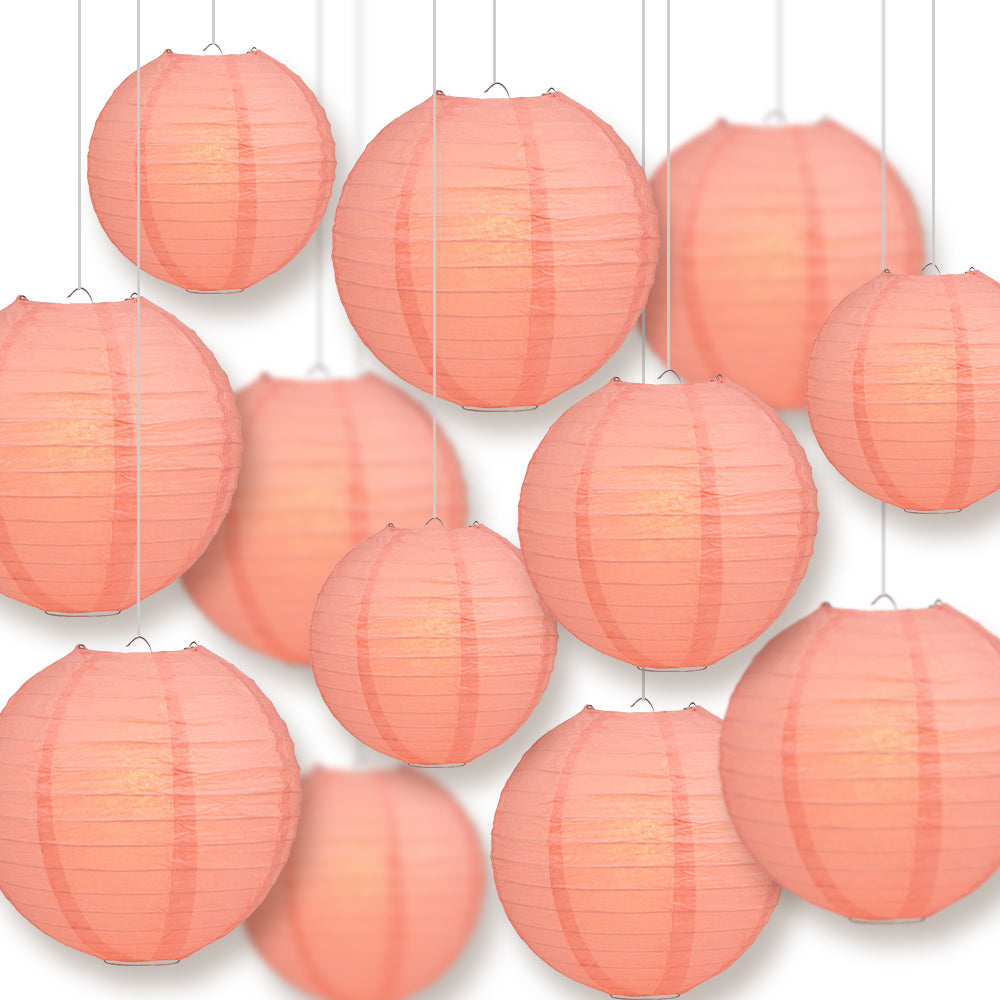 12-PC Roseate / Pink Coral Paper Lantern Chinese Hanging Wedding & Party Assorted Decoration Set, 12/10/8-Inch